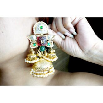 Green Red Stone & Pearl Jhumka Earrings