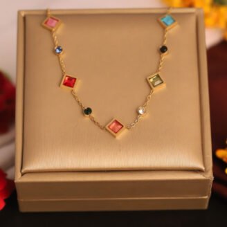 22k Gold Plated Gauge Wire Chain Necklace with Multi Colour Stones