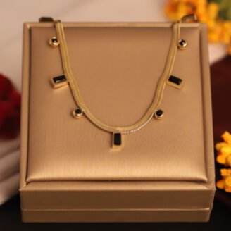 22k Gold Plated Black & Round Accents Snake Chain Necklace