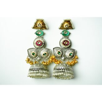 Long Dual Tone Stone Beads Drop Earrings