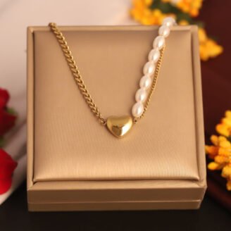 22k Gold Plated Half Pearl Chain Necklace with Heart Pendant
