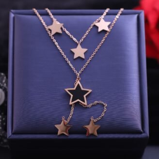 18k Rose Gold Plated Multi Star Chain Necklace with Black Enamel Star