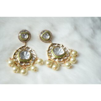 Mint Green Beads & Pearls Drop Polki Earrings