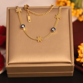 22k Gold Plated Papatya & Evil Eye Charm Snake Chain Necklace