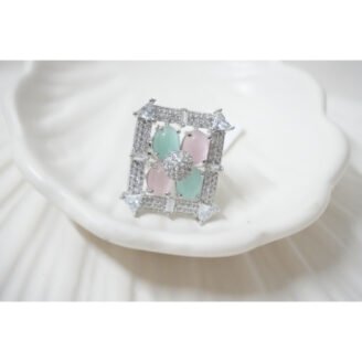 Silver Pink & Green Oval Ring