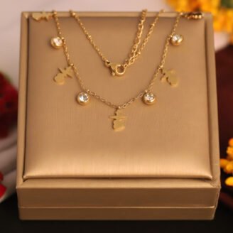 22k Gold Plated Heart-Wave Shaped Charms & Zirconia Necklace