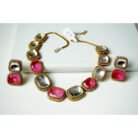 Pink & White Stoned Moissanite Kundan Necklace Set
