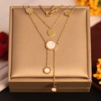 22k Gold Plated Double Layered Chain Neckalce with White Enamel Circle