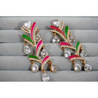 Pink & Green Stone Studded Drop Earrings