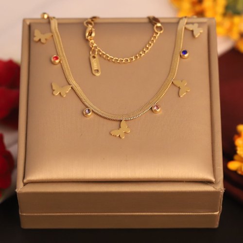 1KOwQnGIBtTZif_DpcjbLZq_h_Emk3B7N.jpg 22k Gold Plated Butterfly & Multi Colour Zirconia Charm Snake Chain Necklace