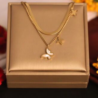 22k Gold Plated PVD Dual Layered Snake Chain Necklace with Clover & Butterfly Pendant