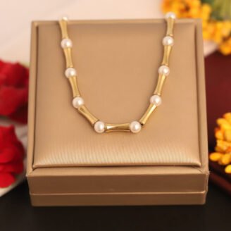 22k Gold Plated Pipe Chain Neckalce with White Pearls