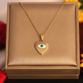 22k Gold Plated Chain Necklace with Evil Eye Golden Heart Pendant
