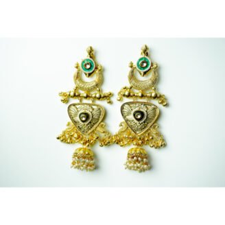 Green Enamel & Pearl Jhumka Earrings
