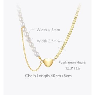 22k Gold Plated Half Pearl Chain Necklace with Heart Pendant