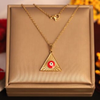 22k Gold Plated Chain Necklace with Triangle Red Evil Eye Pendant