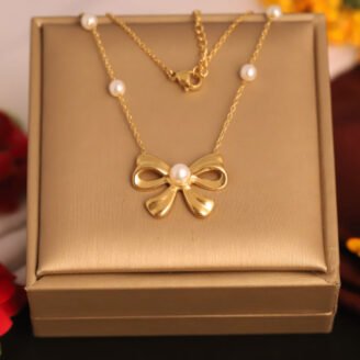 22k Gold Plated Pearl Bow Charm Necklace