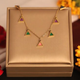 22k Gold Plated Chain Neckalce with Multi Colour Triangle-Shaped Pendant