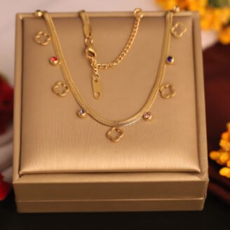 22k Gold Plated Clover Shaped Charms & Multi Colour Zirconia Snake Chain Necklace