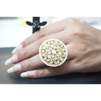 Golden Green Kundan and Pearl Ring