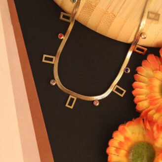 22k Gold Plated Geometric Charms with Multi Colour Zirconia Snake Chain Necklace