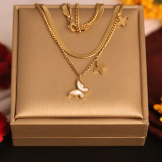 22k Gold Plated PVD Dual Layered Snake Chain Necklace with Clover & Butterfly Pendant