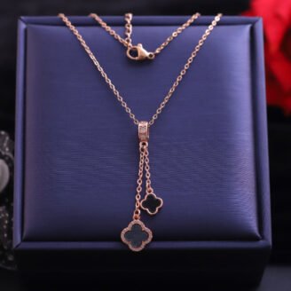 18k Rose Gold Plated Chain Necklace with Black Leaf Clover Pendant