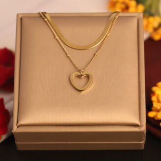 22k Gold Plated Double Layered Snake Chain Necklace with Heart Pendant