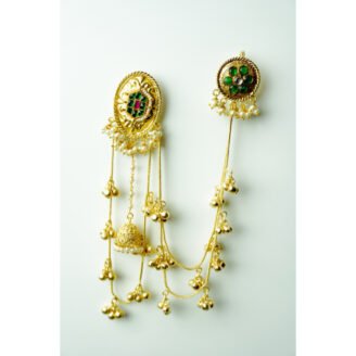 Green & Red Stone Kashmiri Jhumka Earrings with Ear Chain