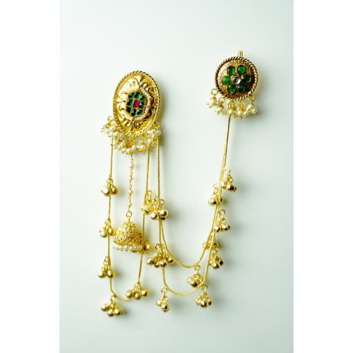 1SlMSUcHk08VUoizXwrBzzfcN4X4s6AYt.jpg Green & Red Stone Kashmiri Jhumka Earrings with Ear Chain