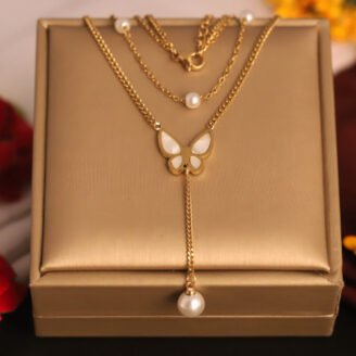 22k Gold Plated Dual Layered Necklace with Butterfly and Pearl Pendant