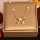 22k Gold Plated Pearl Bow Charm Necklace