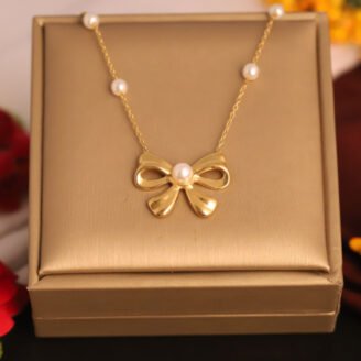 22k Gold Plated Pearl Bow Charm Necklace