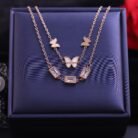 18k Rose Gold Plated Dual Layered Chain Necklace with Cream Enamel Butterfly and Rectangular Gemstone