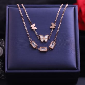 18k Rose Gold Plated Dual Layered Chain Necklace with Cream Enamel Butterfly and Rectangular Gemstone