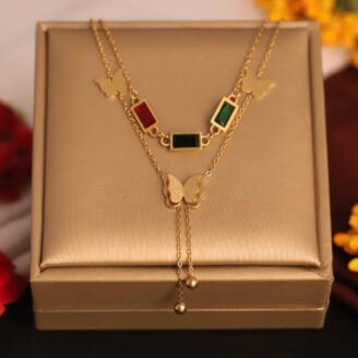 22k Gold Plated Layered Chain Necklace with Butterfly Motifs & Rectangular Gemstone