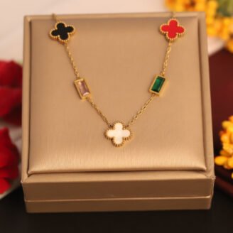 22k Gold Plated Chain Neckalce with Multi Colour Clover with Rectangular Gemstones