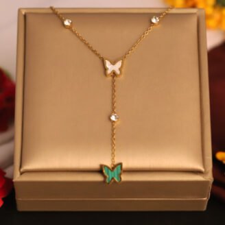 22k Gold Plated Duo Butterfly Chain Necklace with Butterfly Drop