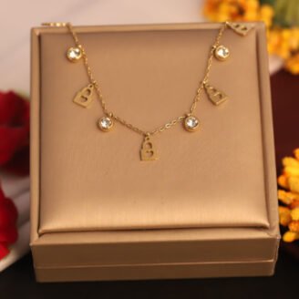 22k Gold Plated Locked Shaped Charms with Sparkling Cubic Zirconiaia Chain Necklace