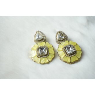 Yellow Enamel Kundan Stud Earrings