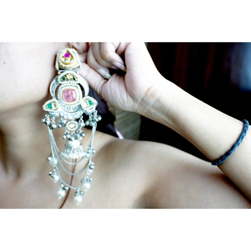 1XoJqNVGF5ZeD_I5Hc0E5SU_xKg56p2JK.jpg Pink & Green Stone with Pearls Jhumka Earrings
