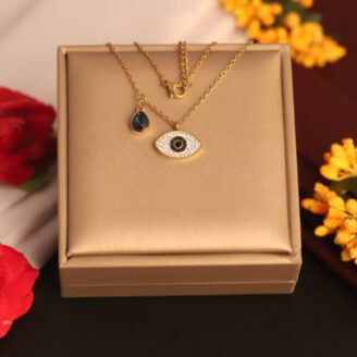 22k Gold Plated Chain Necklace with Blue Droplet and Evil Eye Pendant