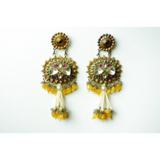 Yellow Beaded & Pearl Tassel Kundan Earrings