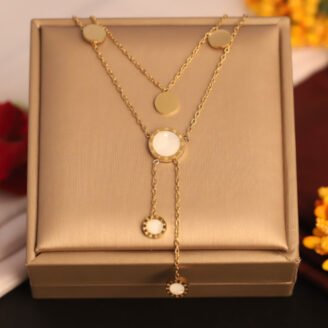 22k Gold Plated Double Layered Chain Neckalce with White Enamel Circle