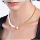 22k Gold Plated Half Pearl Chain Necklace with Heart Pendant