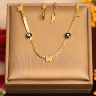 22k Gold Plated Evil Eye Charm Snake Chain Necklace with Butterfly Pendant