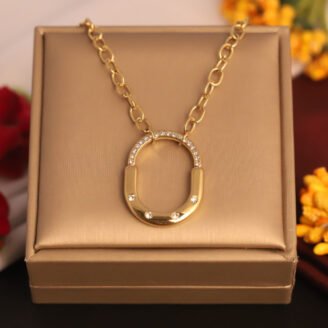 22k Gold Plated Chain Necklace with Stoned Oval Pendant