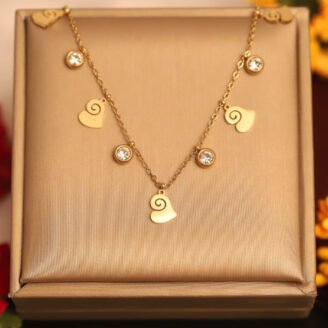 22k Gold Plated Spiral Hearts & Small Zirconia Chain Necklace