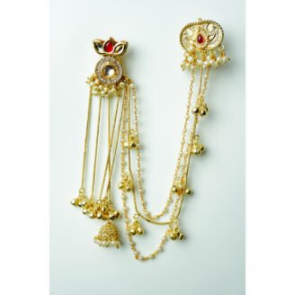 Pearl & Lotus Motif Kashmiri Earrings with Ear Chain