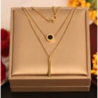 22k Gold Plated Double Layered Chain Neckalce with Black Enamel Circle and Pipe Pendant
